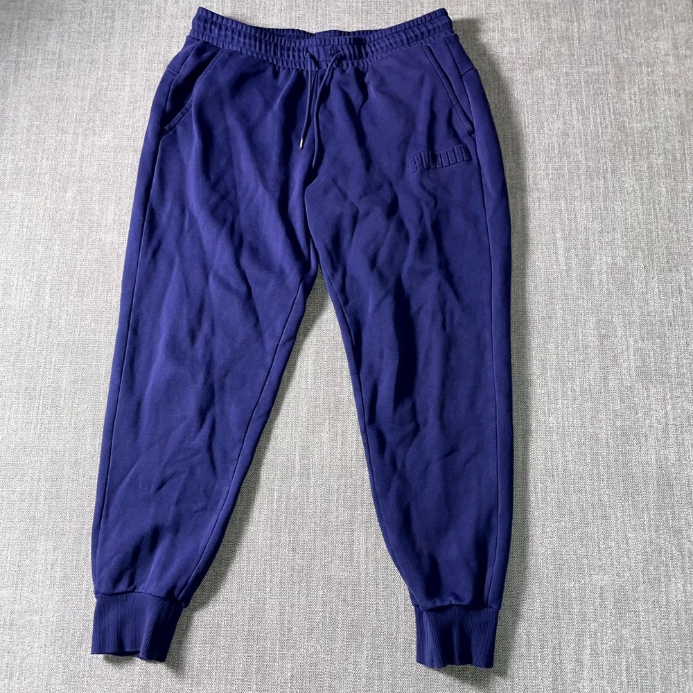 Puma Sweatpant Womens Large Navy Blue Elastic Waist High Rise Tapered Leg Sports